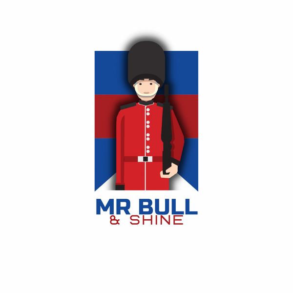 Mr Bull and Shine Logo shows a Cartoon Queens Guard with a Blue and Red background