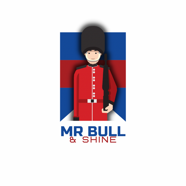 Mr Bull and Shine Logo shows a Cartoon Queens Guard with a Blue and Red background 